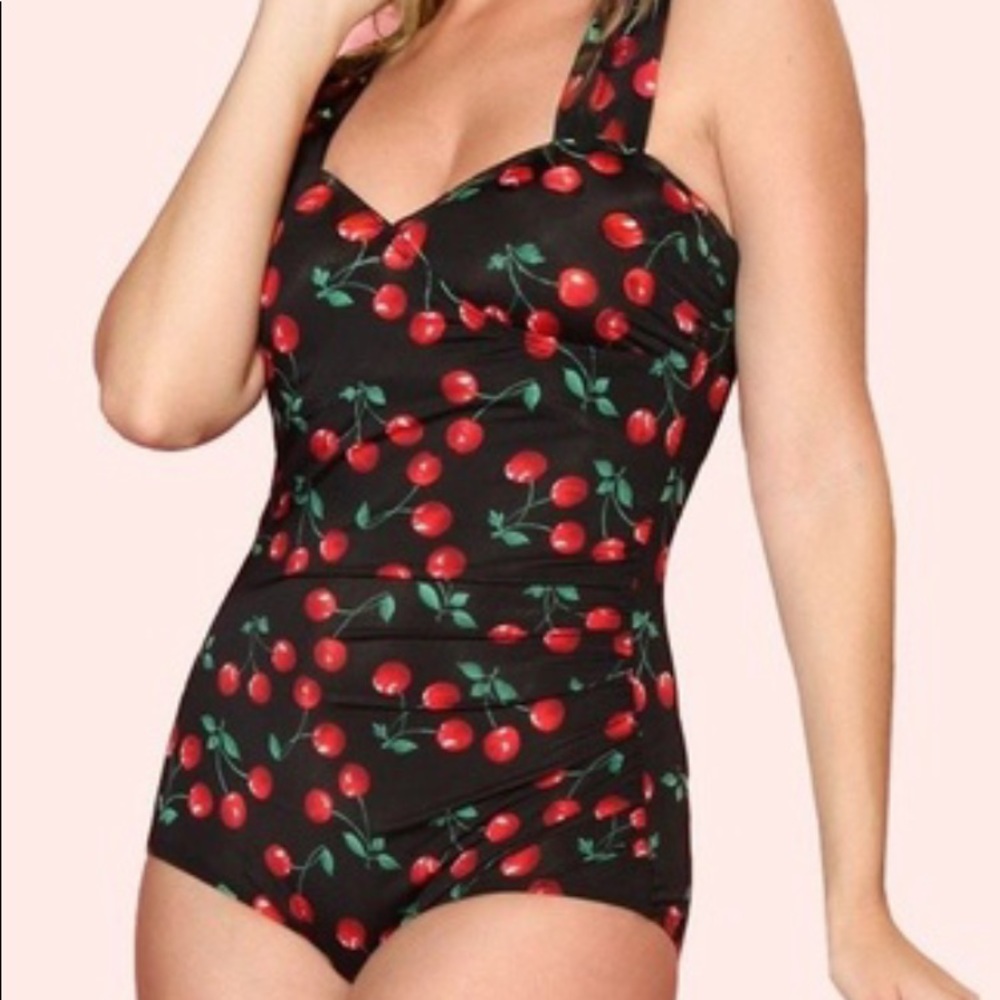 Esther Williams Pinup black halter cherries one piece retro styled swimsuit.